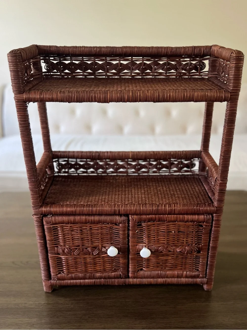 Vintage Brown Rattan Wicker Shelf Cabinet Charming Boho or Cottagecore Decor